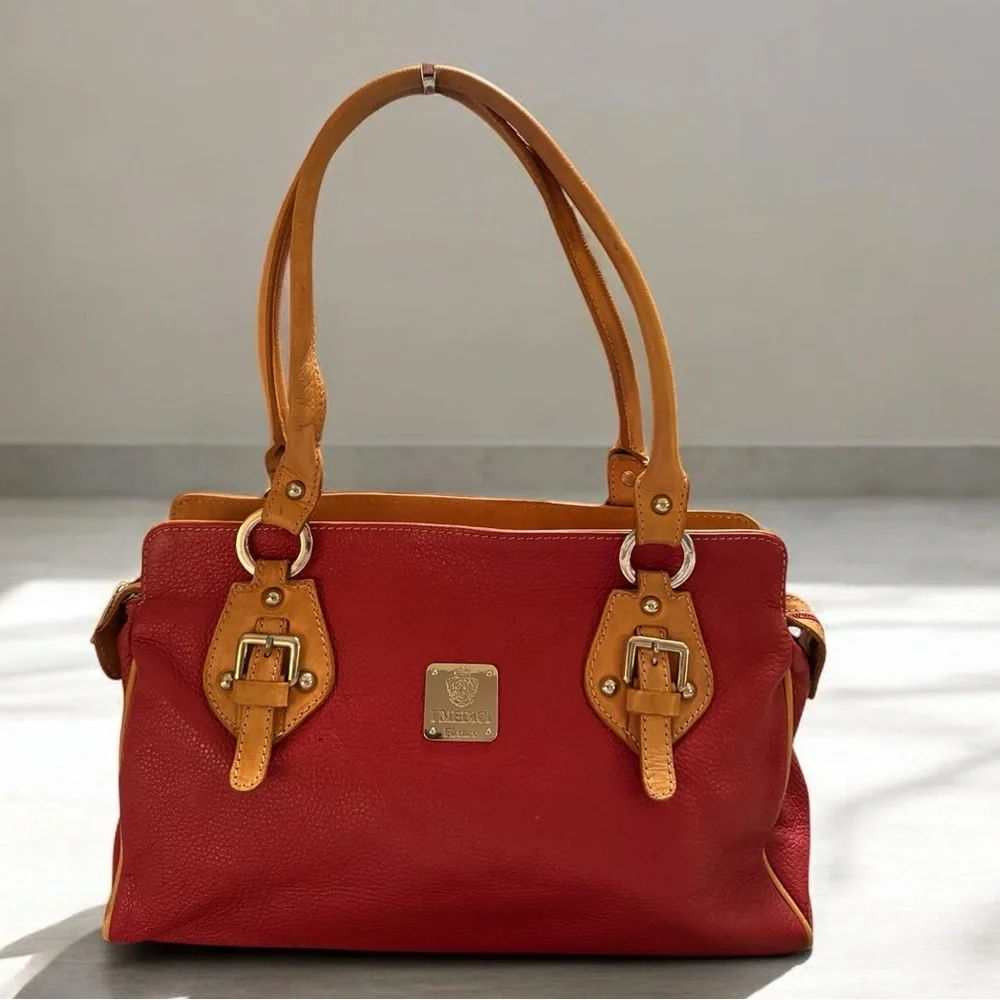 Red and Tan Leather Structured Shoulder Bag with Handles - Picture 1 of 13